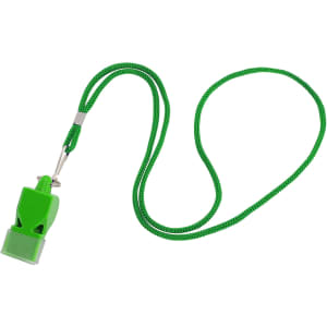 A green plastic whistle attached to a green lanyard. The whistle has a simple design and includes a logo.