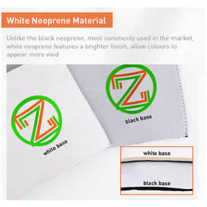 A close-up of two strips of neoprene material, one white and one black, highlighting texture differences.