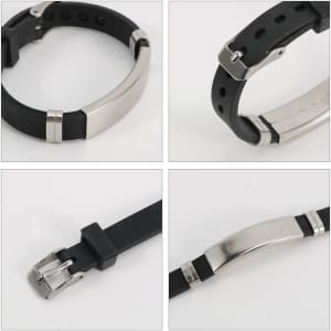 A black silicone bracelet with a silver metal clasp and detailing, featuring multiple angles of the product.