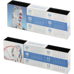 A three-panel foldable pen holder in white and blue, featuring images of a ferris wheel and rollercoaster. It has a logo.
