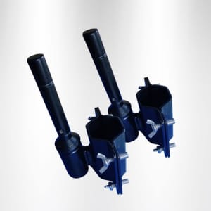 Black tent pole brackets with clamps, designed for securing tent poles. Two brackets featured in the image.