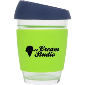 A drink bottle featuring a transparent glass design with a bright green silicone sleeve and a navy lid. It has a logo.