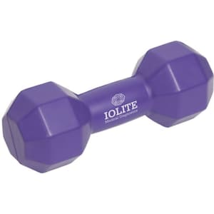 A purple dumbbell-shaped stress reliever with a logo on the side, featuring a geometric design.