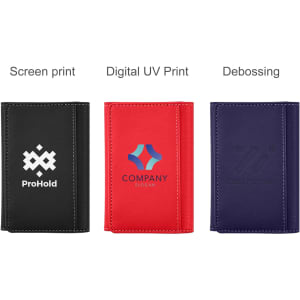 A PU magnetic wallet in black, red, and purple, featuring various printed logos on each.