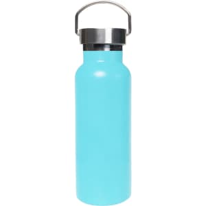 A drink bottle in vibrant turquoise with a stainless steel lid and a metal handle, featuring a logo.