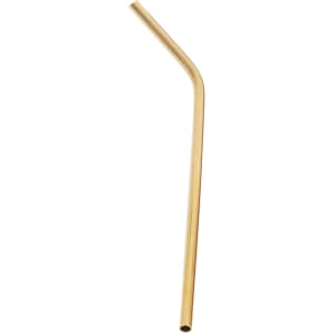 A stainless steel straw with a gold finish, featuring a bent design. The item has a logo.