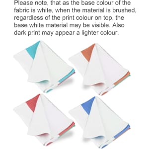 Four folded tea towels in white with peach, teal, brown, and blue accents on the edges. Each towel has a logo.