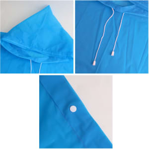 A blue reusable PEVA screen print rain poncho with a hood, drawstrings, and snap button detail.