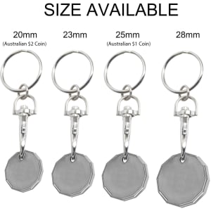 A set of enamel trolley coin keyrings in various sizes—20mm, 23mm, 25mm, and 28mm—each with a metal keyring attachment.