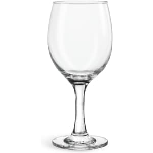 A clear glass wine glass with a tall stem and wide bowl, suitable for casual use. Features a branding logo.