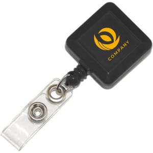 A square black retractable card holder with a clear badge attachment and a logo.