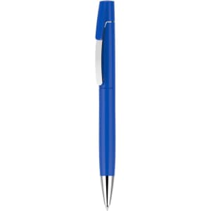 A blue pen with a silver clip and a shiny silver tip, featuring a simple design and branding detail.