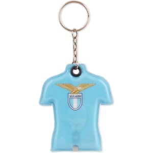 A blue PVC LED keyring shaped like a shirt, featuring a logo and attached to a metal keychain.
