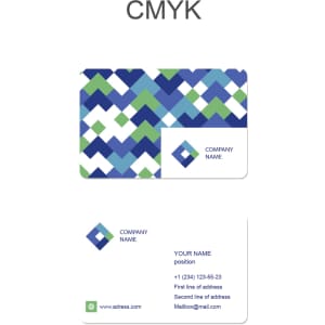 A NFC PVC business card featuring a geometric blue and green pattern, with a logo and contact information layout.