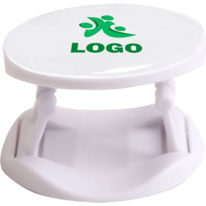 A round white phone holder with a logo, featuring a simplistic design and flexible stand for stability.
