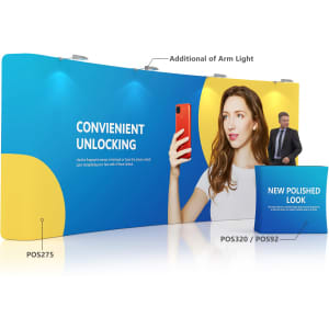 Curved tension fabric display wall with a blue and yellow design, featuring a model holding a smartphone and a promotional counter.