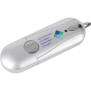 A silver flash drive with a logo, featuring a rounded design and a keyring attachment.