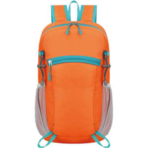 An orange packable hiking backpack with turquoise accents and mesh side pockets. Features multiple zippers for storage.