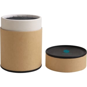 Small kraft paper cylinders with a black lid, featuring a smooth, natural finish and a contrasting inner liner.