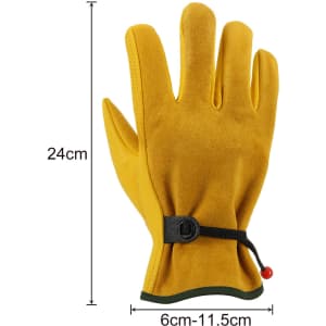 A pair of yellow cowhide gardening gloves with a secure wrist strap, featuring a logo. Dimensions included.