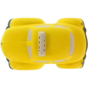 A yellow taxi-shaped stress reliever with grey accents, featuring a logo on the top.