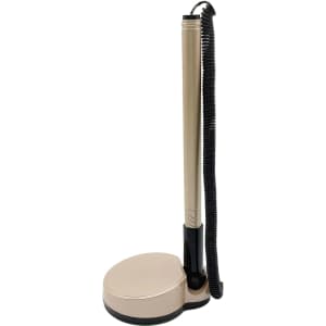 A fixed signature pen with a beige barrel and a black base, featuring a coiled cord for convenience.