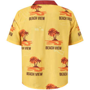 A yellow Cuban collar shirt with a palm tree and sunset print, featuring a maroon collar and logo.