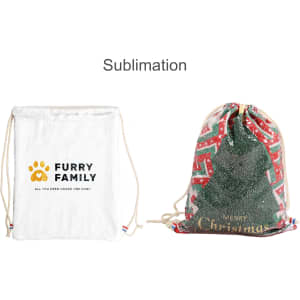 A sequin drawstring bag in green and red with a festive design, featuring a logo and white text.