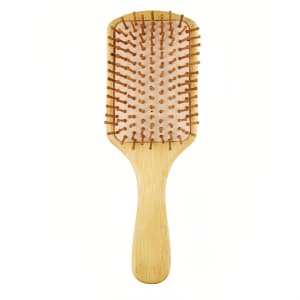 A bamboo hair comb featuring a rectangular head and a wooden handle, with evenly spaced bristles in a light brown hue.