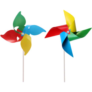 A four-leaf pinwheel featuring red, blue, green, and yellow blades on a white stick, with a small logo on one.
