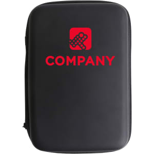 A large black zipper case with a logo on the front, suitable for storing personal items.