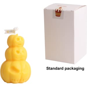 A triple pumpkin-shaped candle in bright yellow, displayed with plain white packaging.