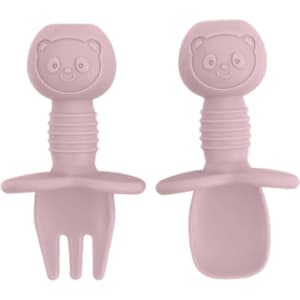 A pink silicone kids' cutlery set featuring a bear design, including a fork and a spoon. The set has a playful shape with grip handles.