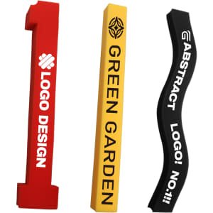 A collection of three promotional cheersticks in red, yellow, and black, featuring various logos and text.
