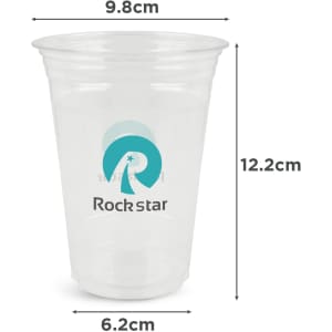 A clear plastic cup, 473ml in size, with a logo, featuring a smooth surface and round shape.