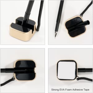 A fixed signature pen in black with a beige holder, featuring strong adhesive tape for stability.