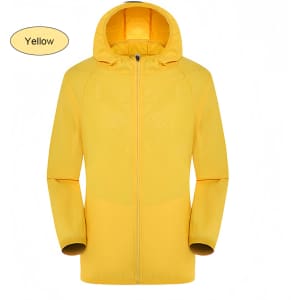 A yellow unisex jacket made from 100% polyester, featuring sun protection and a hood. Includes a logo.