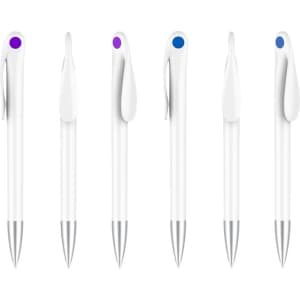 A set of plastic pens featuring a creamy white barrel with purple and blue accents on the clips.