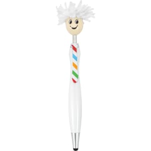 A pen with a white body, a smiling character head, and a colourful striped tie. It features a branding logo.