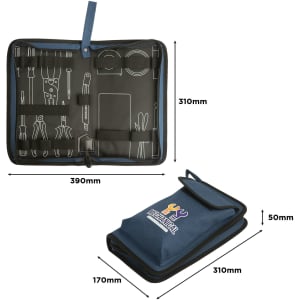 A navy tool kit bag with various compartments for tools, featuring an interior with tool illustrations and a logo.