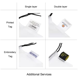 A collection of produce bags featuring printed and embroidery tags, available in single and double layer options.