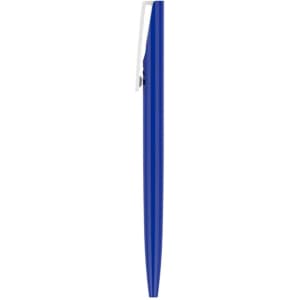 A plastic pen with a blue barrel and a silver clip, featuring a branding logo.