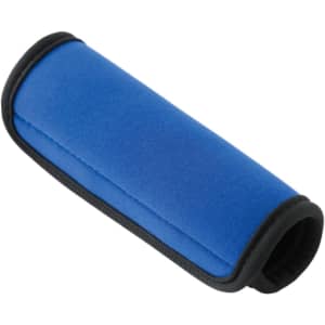 A blue neoprene luggage grip with black trim, featuring a logo on one side.