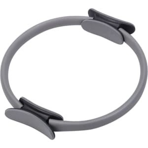 A grey Pilates circle featuring black handles, designed for fitness and exercise.