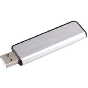 A sleek silver flash drive with a metallic finish and black edges, featuring a USB connector.