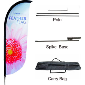 A convex feather banner featuring a floral design, with a pole, spike base, and carry bag included.