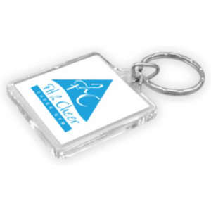 A square acrylic keyring featuring a transparent design and a silver keyring attachment.