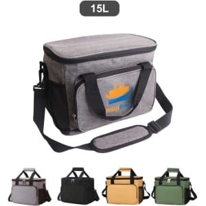 A grey cooler bag with a shoulder strap and four colour options displayed below. Features a logo on the front.