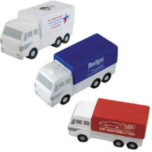 A set of three stress relievers shaped like delivery vans, featuring colours of red, blue, and white with various logos.