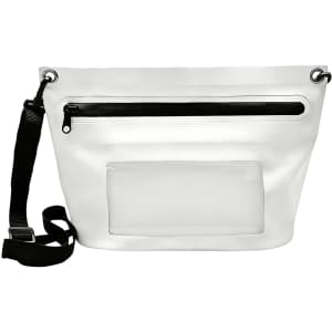A white PVC crossbody phone bag with a black zipper and strap, featuring a clear pocket on the front.